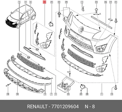Решетка бампера RENAULT 7701209604