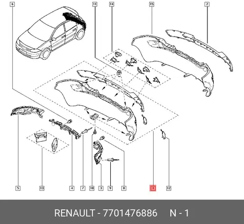 Бампер задний 7701476886 RENAULT