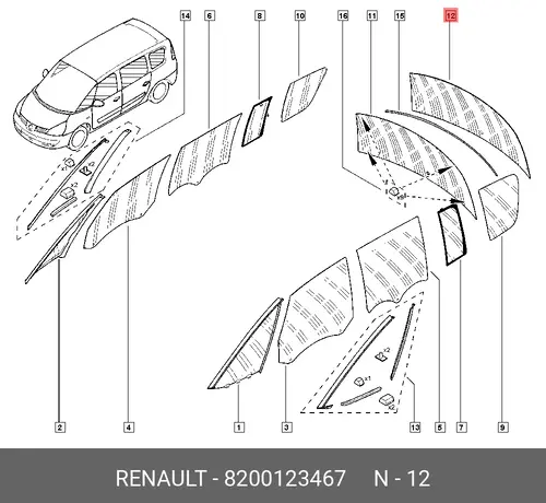 СТЕКЛО ДВЕРИ ЗАДН. ПРАВ. 8200123467 RENAULT