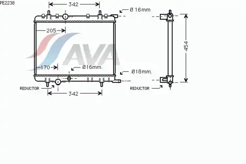 Радиатор системы охлаждения двигателя AVA PE2238