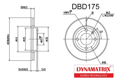 Тормозной диск DYNAMAX DBD175 вентилируемый , передняя ось