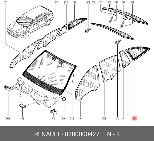 Стекло задней боковины, левое 8200000427 RENAULT