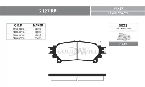 Тормозные колодки дисковые GOODWILL 2127 R