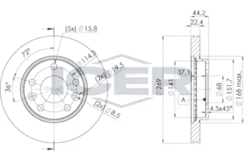 Тормозной диск ICER 78BD4009-2 вентилируемый , передняя ось