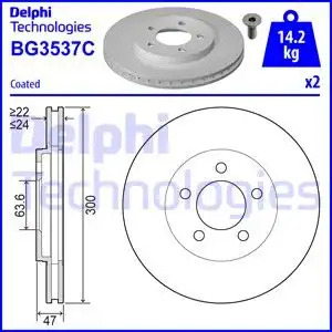 Тормозной диск DELPHI BG3537C вентилируемый , передняя ось