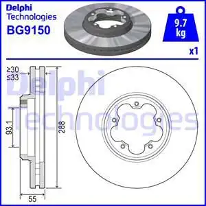 Тормозной диск DELPHI BG9150 вентилируемый , передняя ось