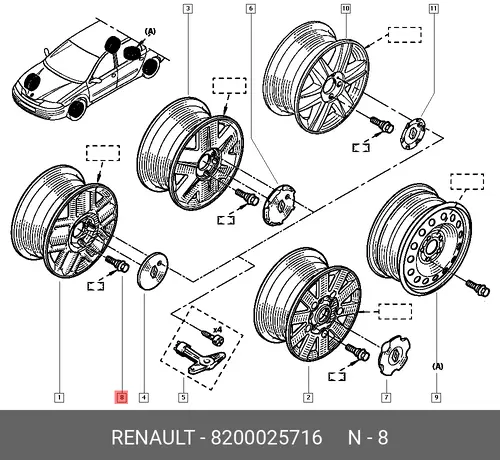 БОЛТ КОЛЕСА ЛАДА RENAULT ДЛЯ ЛИТЫХ ДИСКОВ OE 8200025716