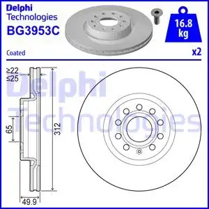 Тормозной диск DELPHI BG3953C вентилируемый , передняя ось