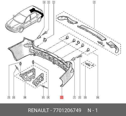 БАМПЕР ЗАДНИЙ (ПЛА 7701206749 RENAULT