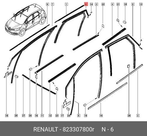 УПЛОТНИТЕЛЬ СТЕКЛА ДВЕРИ ЗАДН. ПРАВ. (РЕ 823307800R RENAULT