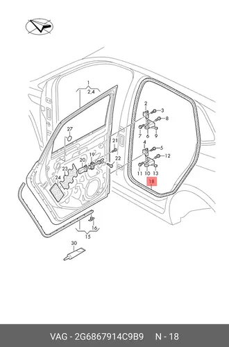 Уплотнитель двери внутри, чёрный satinschwarz 2G6867914C9B9 VAG