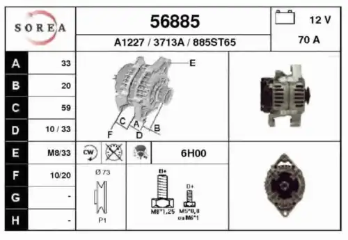 генератор! 70A\ Opel Astra 1.4/1.6/1.7TD 98> 56885 EAI