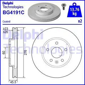 Тормозной диск DELPHI BG4191C вентилируемый , передняя ось