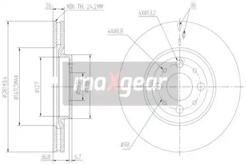 Тормозной диск MAXGEAR 192014 вентилируемый , передняя ось