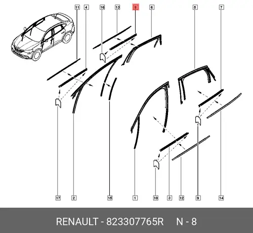 УПЛОТНИТЕЛЬ ЗАД ПРАВ СТЕКЛА 823307765R RENAULT