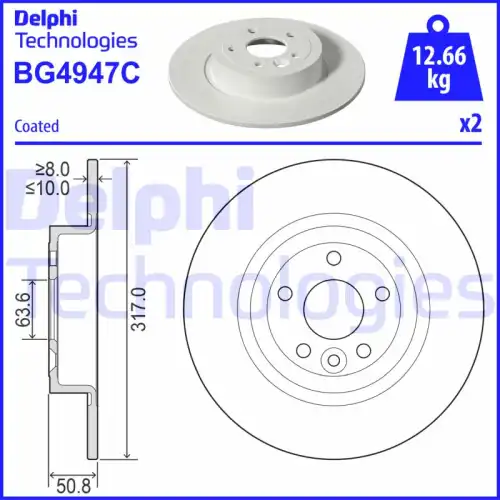 Тормозной диск DELPHI BG4947C вентилируемый , задняя ось