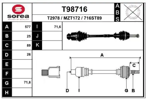 ПРИВОДНОЙ ВАЛ В СБОРЕ (ПОЛУОСЬ) T98716 EAI