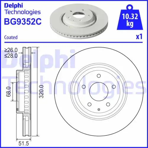 Тормозной диск DELPHI BG9352C вентилируемый , передняя ось