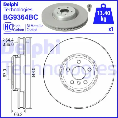 Тормозной диск DELPHI BG9364BC вентилируемый , передняя ось