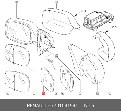 Стекло зеркала прав. KANGOO (HOHE) 7701041941 RENAULT