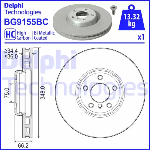Тормозной диск DELPHI BG9155BC вентилируемый , передняя ось