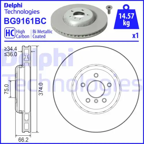 Тормозной диск DELPHI BG9161BC вентилируемый , передняя ось