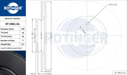 Тормозной диск ROTINGER RT 2961-GL