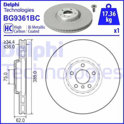 Тормозной диск DELPHI BG9361BC вентилируемый , передняя ось
