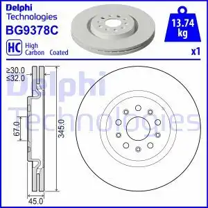 Тормозной диск DELPHI BG9378C вентилируемый , передняя ось