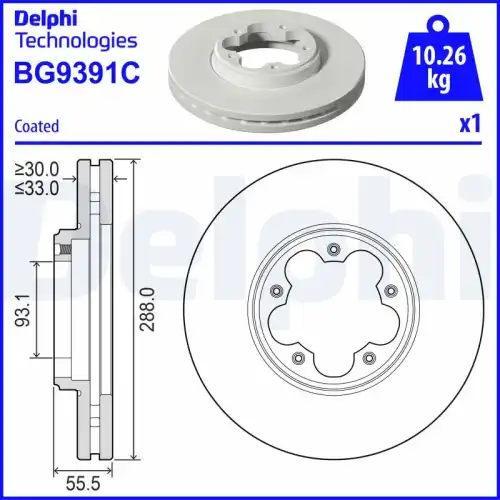 Тормозной диск DELPHI BG9391C вентилируемый , передняя ось