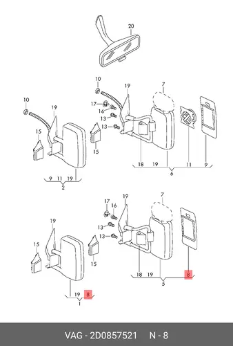 стекло зеркала левого VW 2D0857521 VAG