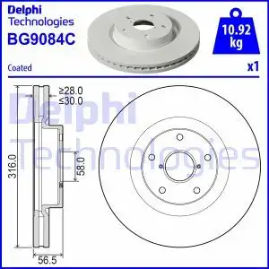 Тормозной диск DELPHI BG9084C вентилируемый , передняя ось