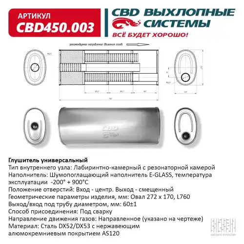 ГЛУШИТЕЛЬ УНИВЕРСАЛЬНЫЙ НЕРЖАВЕЮЩИЙ. ОВАЛ D272170 CBD450003 CBD