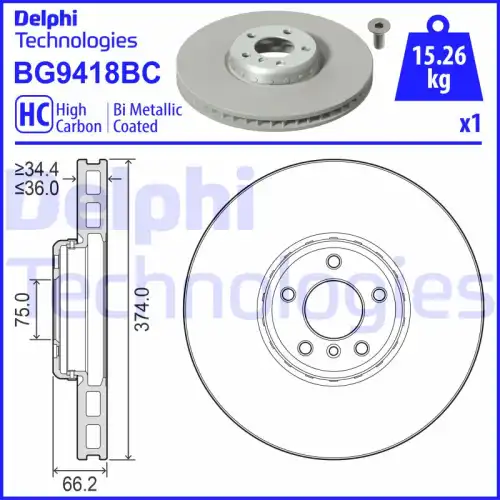 Тормозной диск DELPHI BG9418BC вентилируемый , передняя ось