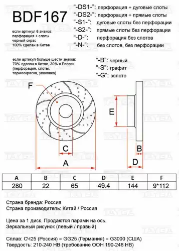 Диск слотированный BDF167-S2-B TAYGA