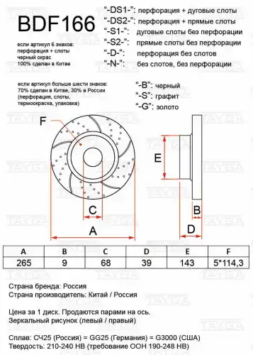 Диск слотированный BDF166-S1-S TAYGA
