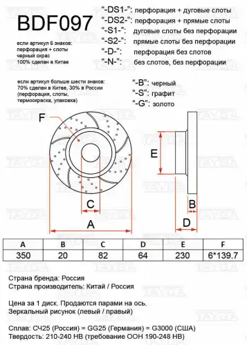 Диск перфорированный, слотированный BDF097-DS2-B TAYGA