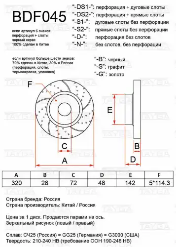 Диск перфорированный, слотированный BDF045-DS2-S TAYGA