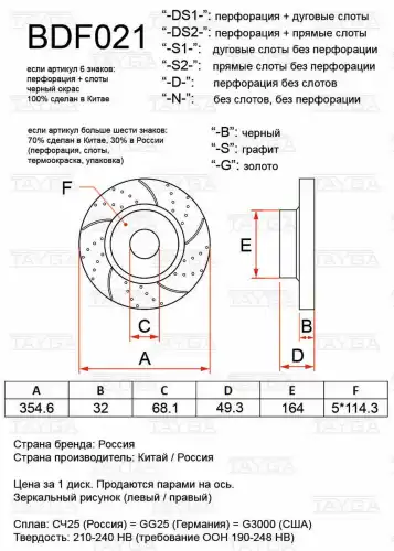 Тормозной диск TAYGA BDF021-N-S