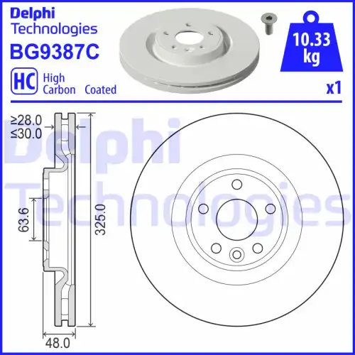 Тормозной диск DELPHI BG9387C вентилируемый , передняя ось