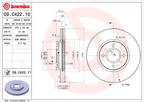 Тормозной диск BREMBO 09C42210