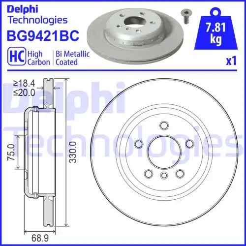 Тормозной диск DELPHI BG9421BC вентилируемый , задняя ось