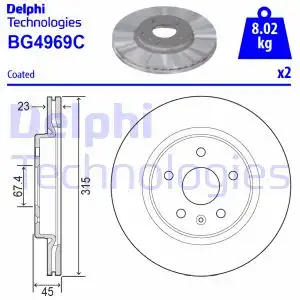 Тормозной диск DELPHI BG4969C вентилируемый , задняя ось