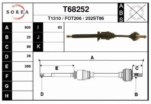 привод правый! 905mm\ Ford Escort 1.8TD 95> T68252 EAI