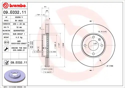 Тормозной диск BREMBO 09.E032.11 вентилируемый , передняя ось