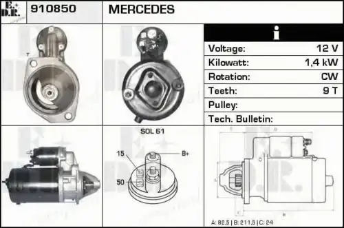 шестерня стартера c бендиксом MB 910850 EDR