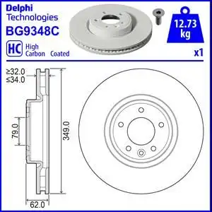 Тормозной диск DELPHI BG9348C вентилируемый , передняя ось