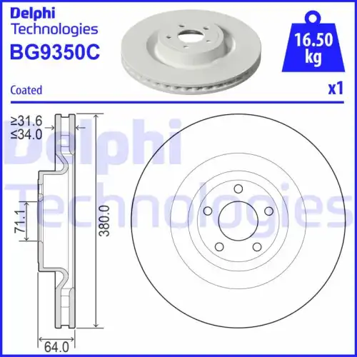Тормозной диск DELPHI BG9350C вентилируемый , передняя ось