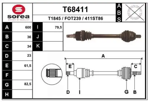 привод левый! 600mm\ Ford Focus/C-Max 1.6/1.8i/TDCi 04> T68411 EAI