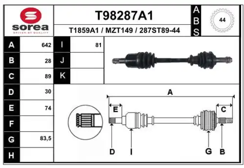 привод левый! 642mm ABS\ Mazda 6 2.0Di 02> T98287A1 EAI